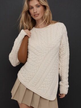 Maeve Cream Crew-Neck Asymmetric Cable-Knit Sweater XL